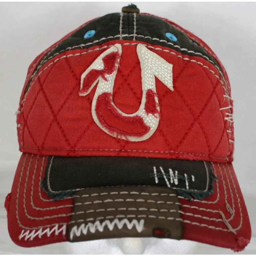 True Religion Hat Mens OSFA Red Distressed Trucker Cap Y2K Buddha Logo